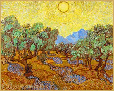 Van Gogh oliviers ciel jaune et soleil