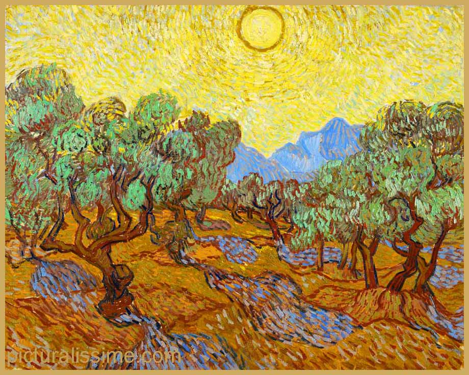 Copie Reproduction Van Gogh oliviers ciel jaune et soleil