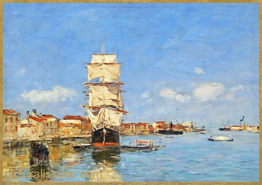 Copie Reproduction Boudin Venise navire  quai, canal de la Giudecca