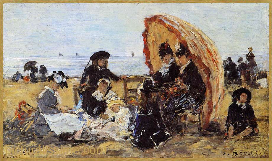 Copie Reproduction Boudin sur la plage à Trouville abritée par un parasol