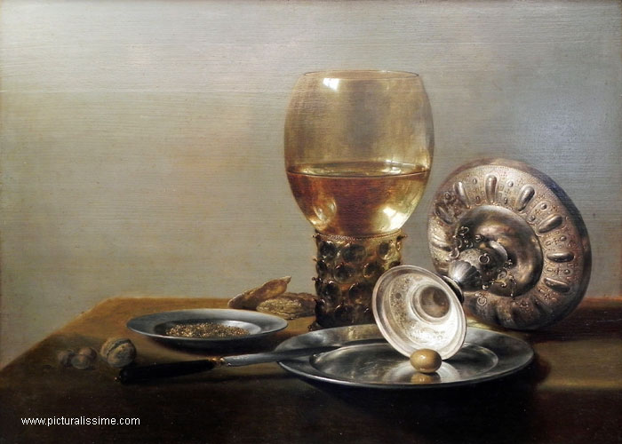 Copie Repropuction Nature Morte Claesz Pieter Verre de vin coupe argent