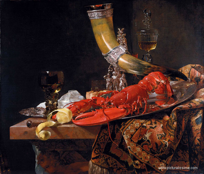 Copie Repropuction nature morte Kalf willem gobelet en corne et homard