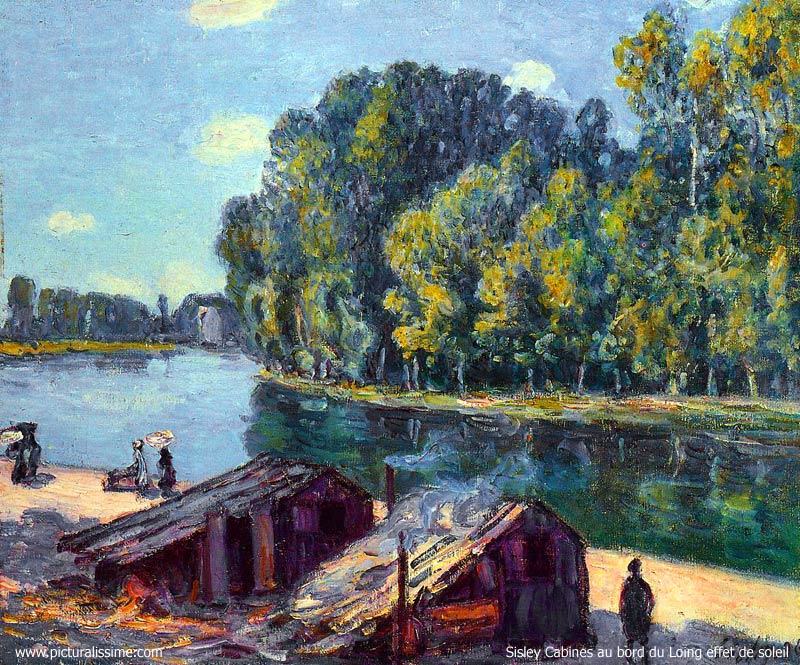 Copie Reproduction de Sisley Cabines au bord du Loing effet de soleil